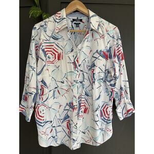 Chaps Nautical Print Button-Up Shirt Size 1X Cotton Coastal Beachy Top